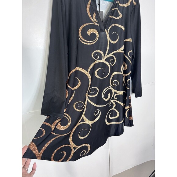 Lily By Firmiana Tunic Top Plus Size 1X Blouse Black Gold Swirl Flowy 3/4 Sleeve - Picture 3 of 8
